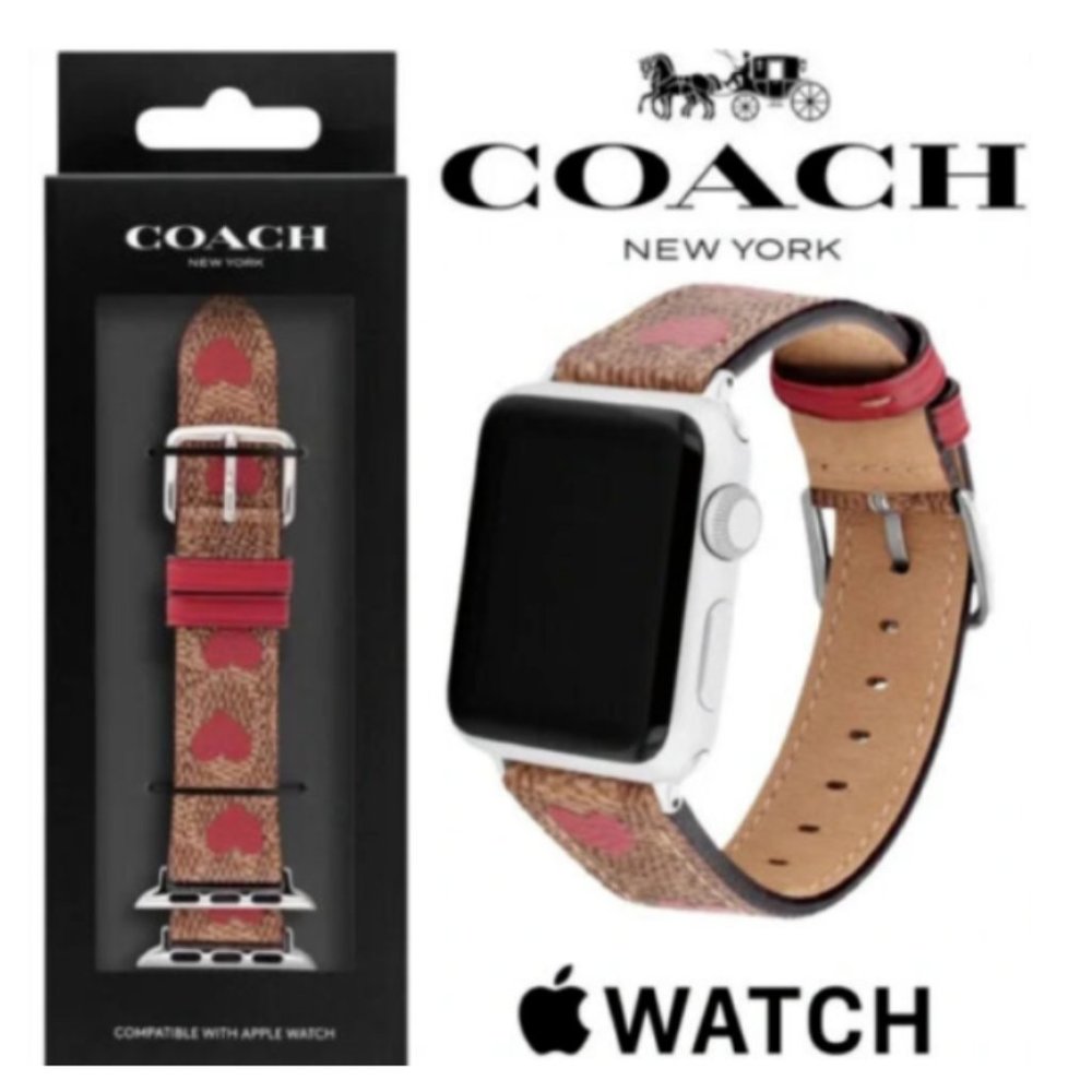 COACH Signature Tan Logo Red Heart Motif Leather 38 40 MM Apple Watch Band Strap